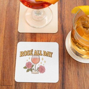 Coaster Set, Rosé All Day Coaster, Funny Wine Lover Gift, Hardboard Bar Coaster, Rose Wine Decor, Brunch Table Coaster for Her