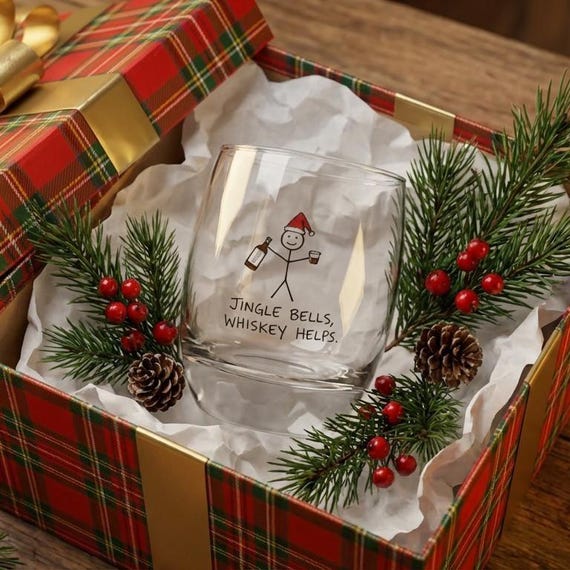 Jingle Bells Whiskey Helps Whiskey Glass Funny Christmas Whiskey Tumbler • Stick Figure Holiday Rocks Glass
