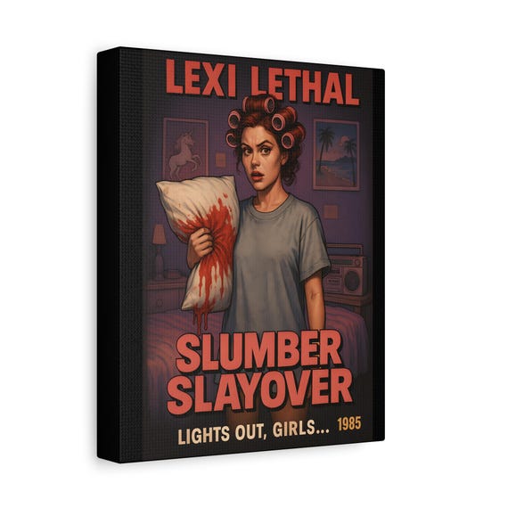 Retro Slumber Party Canvas Print, Vintage Horror Wall Art, 80s Halloween Decor, Spooky Bedroom