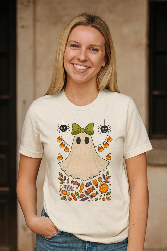 Cute Ghost Shirt, Halloween T-Shirt, Spooky Season Tee, Candy Ghost Graphic Tee, Fall Candy Corn and Spiders Tee, Unisex Halloween Top