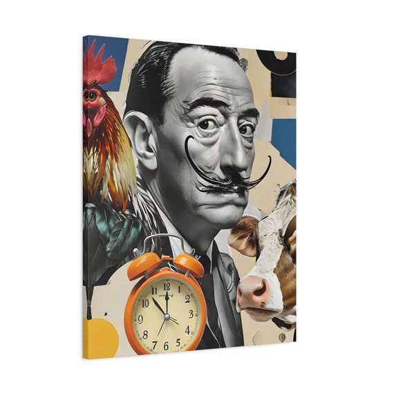 Salvador Dali Surreal Collage Canvas: Whimsical Rooster Cow Art