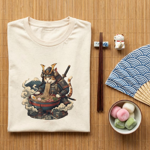 Samurai Cat Ramen T-Shirt: Japanese Ukiyo-e Graphic Tee