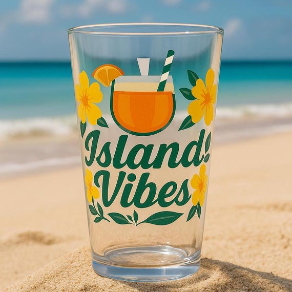Island Vibes Pint Glass: Tropical Beach Drink Cup - 16 oz