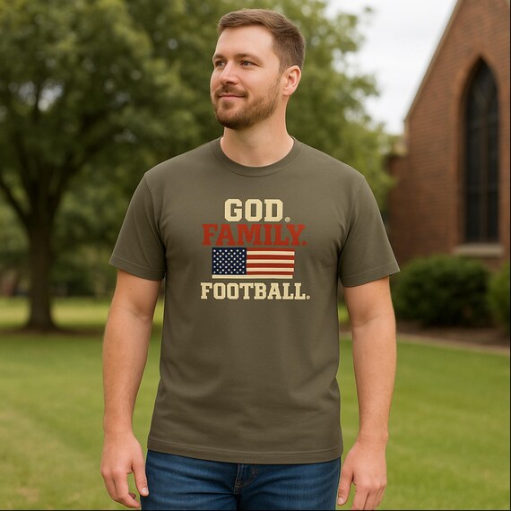God Family Football T-Shirt: Christian USA Flag Bella+Canvas Tee