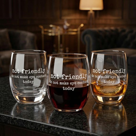 Funny Sarcastic Wine Whiskey Glass – Not Friendly Do Not Make Eye Contact Today – 6oz Stemless Barware Glass