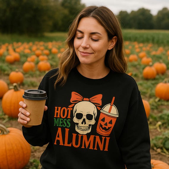 Hot Mess Alumni Sweatshirt: Spooky Skull Pumpkin Spice Crewneck