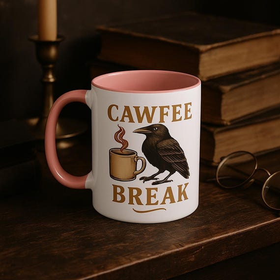 Raven Cawfee Break Mug: Funny Crow Pun, Pink Accent Coffee Cup