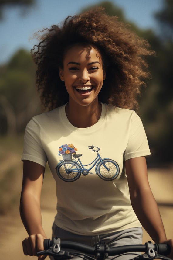 Vintage Blue Cruiser Bike T-shirt, Bicycle Tee, Floral Basket T-shirt, Summer Cycling Shirt, Retro Bike Top