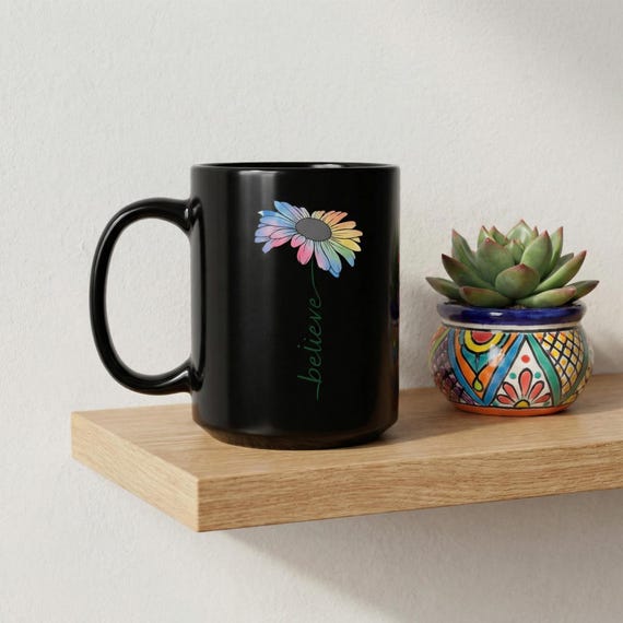 Watercolor Daisy Mug, Personalized Believe Coffee Cup