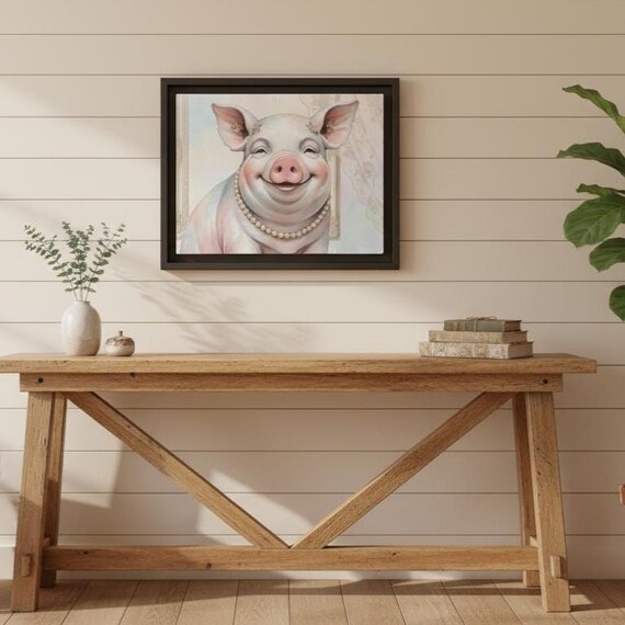 Bougie Pearl Pig Canvas Wall Art • Whimsical Farmhouse Decor  •Cottagecore Animal Art