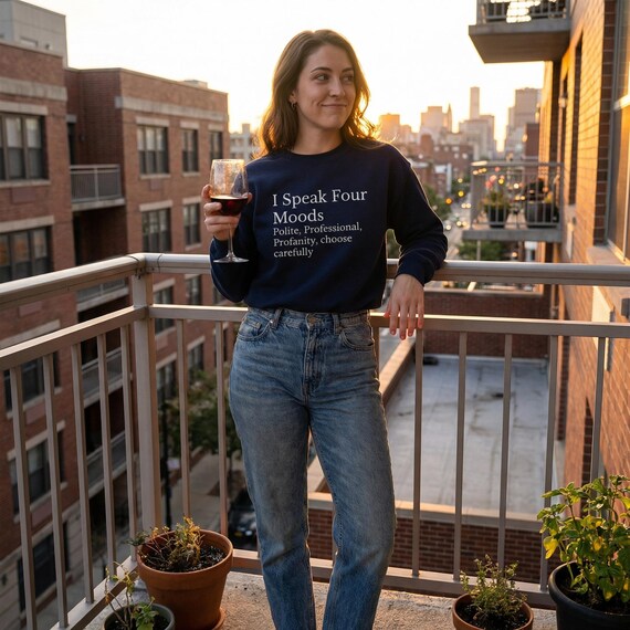 Funny Work Sweatshirt for Women, Office Sarcasm Crewneck, “I Speak Four Moods” Burnout Humor Gift