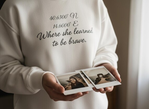 Personalized Coordinates Sweatshirt • Custom Location Gift • Gildan 18000 • Where She Learned to Be Brave • Memory Destination Crewneck