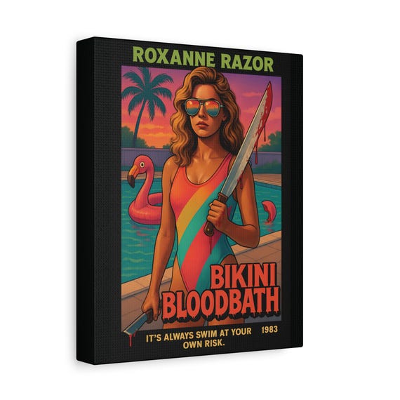 Bikini Bloodbath Matte Canvas Print, Retro Wall Art, Horror Movie Memorabilia, Summer Decor, Vintage Style, Unique Gift for Horror Fans