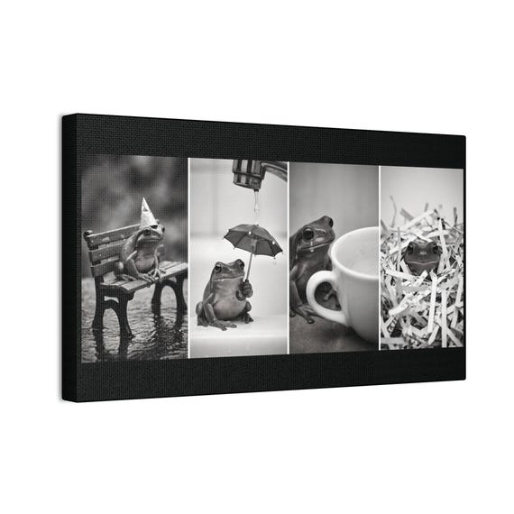 Quietly Surviving Frog Canvas Wall Art Minimalist Collage, Black and White Humor Print