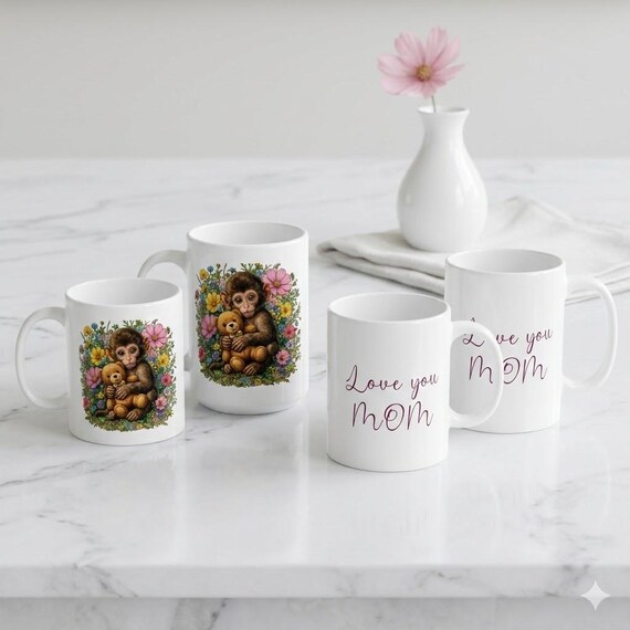 Personalized Monkey Hugs Coffee Mug, Whimsical Floral Mom Cup