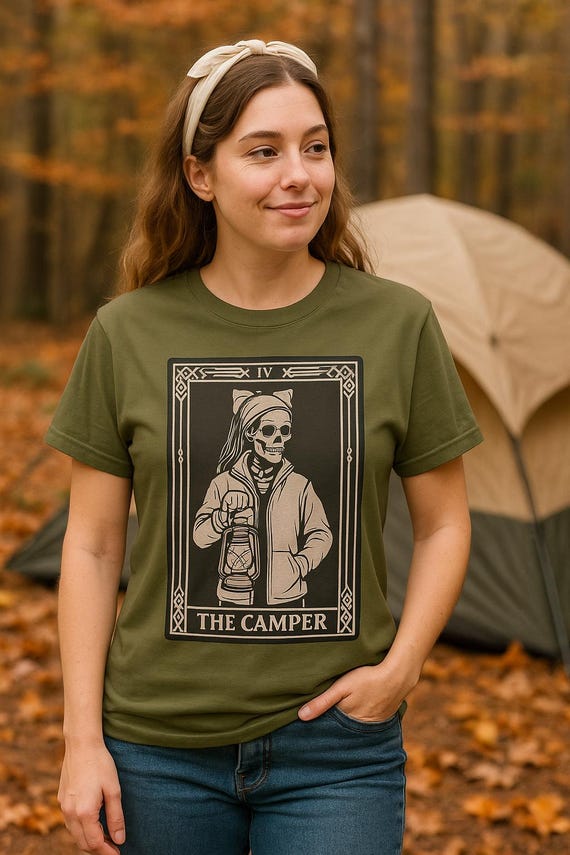 Gothic Skeleton Camper T-Shirt: Outdoorsy Tarot Card Tee