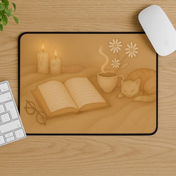 Cottagecore Cat Reading Nook Desk Mat: Cozy Tea Candle Decor