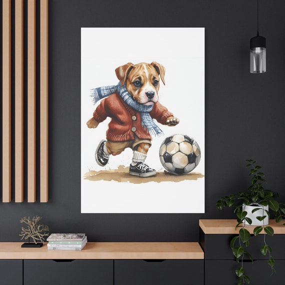 Dog Playing Soccer Canvas Print: Whimsical Sports Theme Wall Art