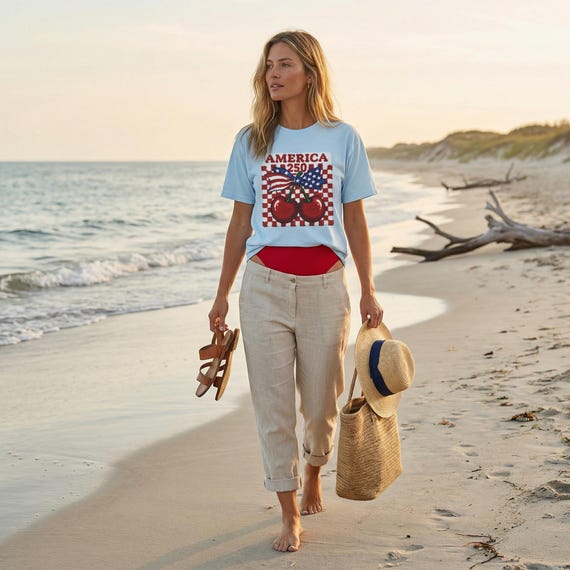 America 250 Cherry Tee, Patriotic Faux Knit Comfort Colors Shirt