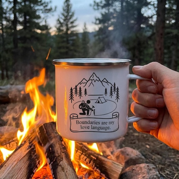 Boundaries Are My Love Language Enamel Mug | Camping, Mountains, Tent Outdoorsy Snark Mug