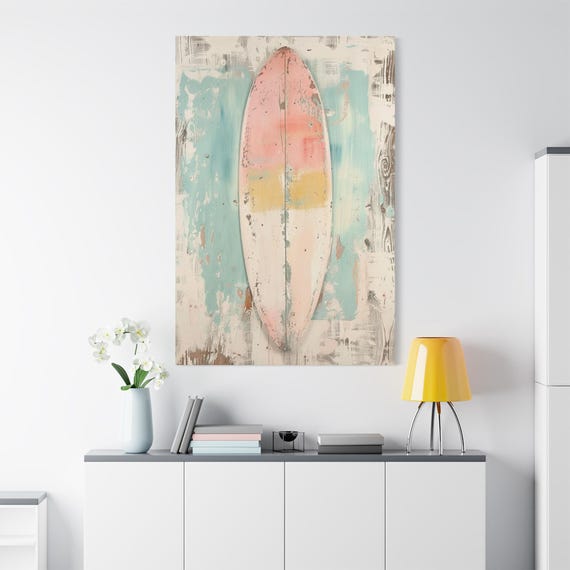 Shabby Chic Surfboard Canvas Art: Coastal Beach House Decor