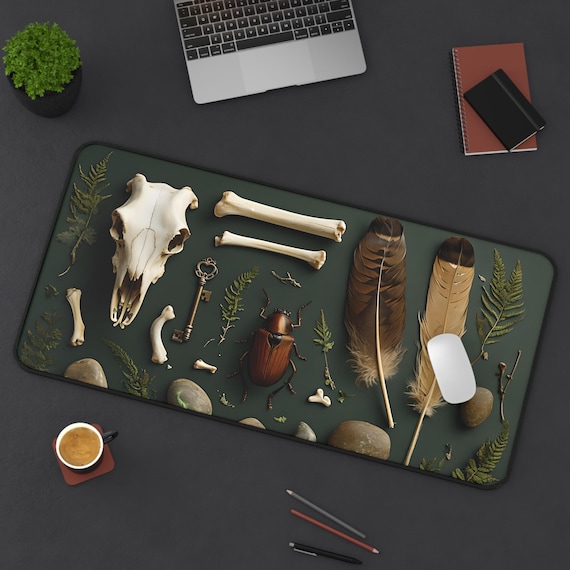 Goblincore Forager Desk Mat – Bones, Beetles & Feathers Aesthetic | Dark Cottagecore Gift for Him, Nature Lover, Witchy Workspace Decor
