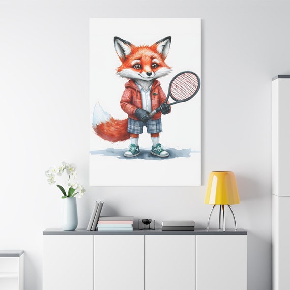 Fox with Tennis Racket Canvas Print: Whimsical Nursery Decor