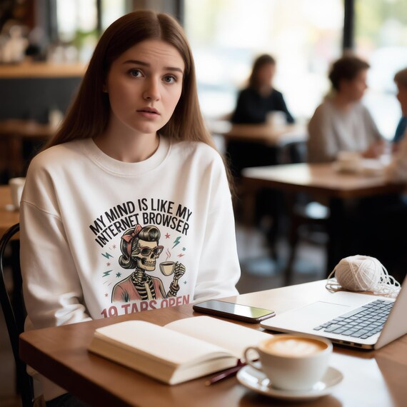 Funny Skeleton WFH Sweatshirt, Overthinking Brain Meme, Tech Humor