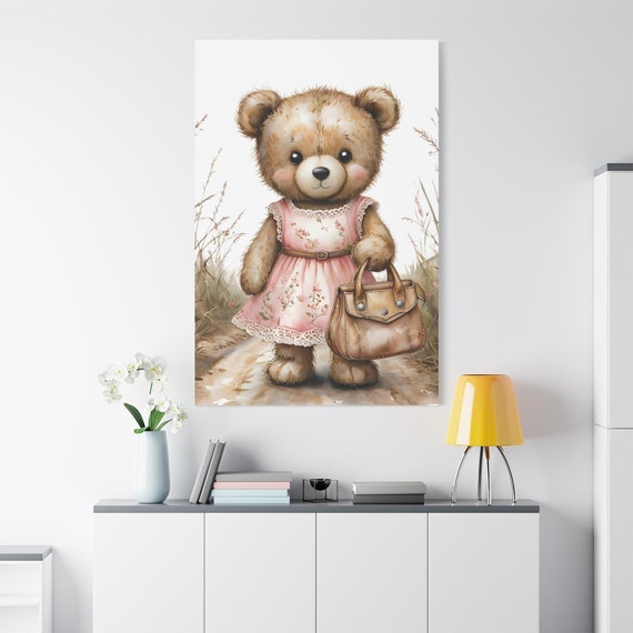 Woodland Bear Canvas Print, Nursery Decor, Girl Bear with Purse