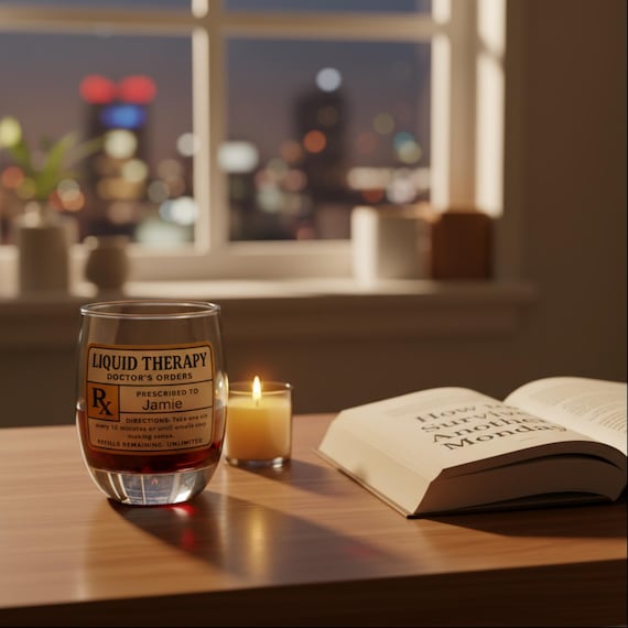 Personalized Whiskey Glass, Rx Humor Liquid Therapy for Friends, Funny Barware, Custom Name Gag