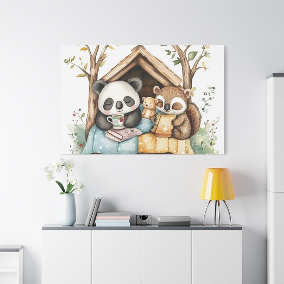 Panda and Squirrel Canvas Print: Storytime Nursery Wall Art