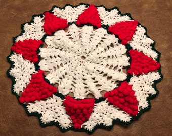 Hand Crotched Red, Green and White Doillie - 25” wide