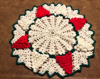 Handmade, Crotched Red, Green and White Doillie - 26” wide