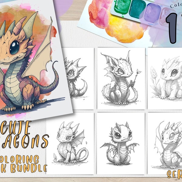 Cute Dragon Watercolor Coloring Book 1 | Instant Download, Dragon, Watercolor Coloring Book, Fantasy Activity Workbook, PDF, 8.5 x 11 Inch