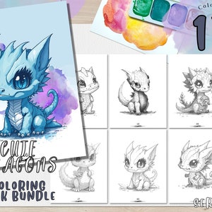 Cute Dragon Watercolor Coloring Book 2 | Instant Download, Dragon, Watercolor Coloring Book, Fantasy Activity Workbook, PDF, 8.5 x 11 Inch