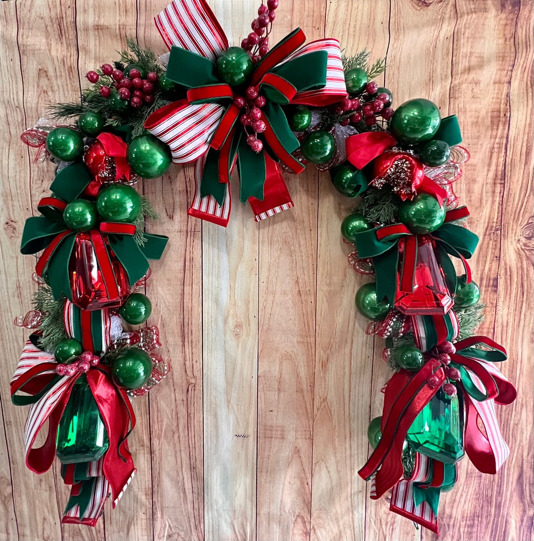 Traditional Red & Green Lighted Christmas Garland Front Door Decor, Mantle, Archway, Railing