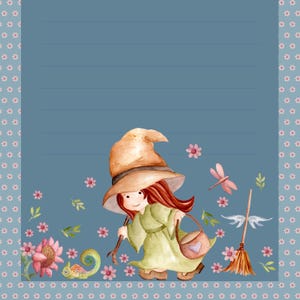 Papel de Carta digital "16" + envelope | Download instantâneo | Papel de carta digital | Flores e pets da pequena bruxa | Aquarela