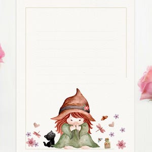 Papel de Carta Digital"09"+ envelope decorado + Mini Cards | Download instantâneo | 13,c x 18cm | Bruxinha em oração | Aquarela|