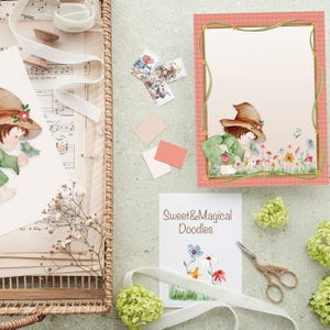 Papelaria digital floral aquarela "37" com envelopes, 2 cores e folha extra com mini cartões Papelaria floral e bruxas fofas | 13,5 x 18cm