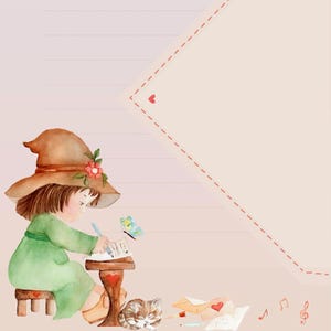 Papel de carta "30" feito com elementos de aquarela pintados à mão e envelope decorado Bruxa escrevendo cartas e gatinho. Envelope decorado