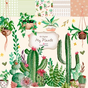 Kit Digital My Plants | 26 Arquivos PNG | 5 Impressões Coloridas | Etiquetas de Colagem | cactos aquarela | download instantâneo | cliparts