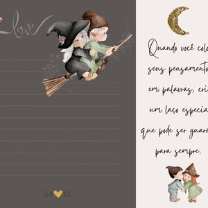 Papel de Carta Digital com envelope | 13,5 x 18cm | bruxa e gnomo em aquarela pintada à mão, com e sem pautas e duas cores diferentes.