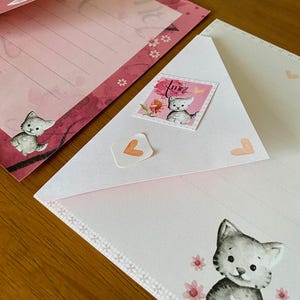 Papel de Carta Digital com envelope , Kit Digital , gatinho, amor, papel de Carta Fofo, Papéis rosa, Papelaria Vintage, Pink, watercolor