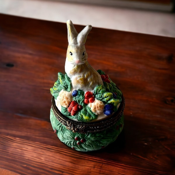 Vintage Bunny Rabbit Trinket Box by Winterthur Enesco, Unique Rare Find Collectable Miniature Porcelain Rabbit Figurine Trinket Stash Box