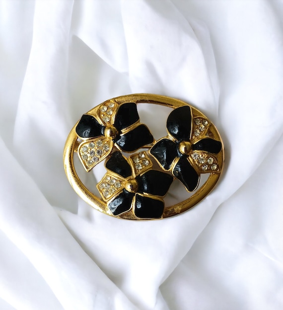 Gold and Black Flower Brooch Pin, C. 1980's Vintag