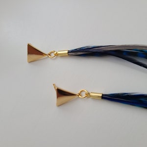Royal Blue and Grey Rooster Feathers and Gold Triangle Earrings