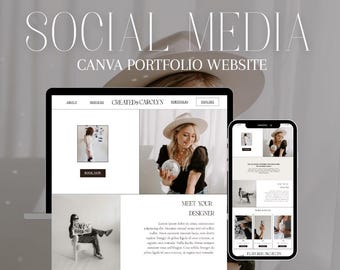 May include: A laptop and smartphone display a website design with the text "SOCIAL MEDIA CANVA PORTFOLIO WEBSITE." The website features images and text, with a neutral color palette. The design includes the text "CREATED BY CAROLYN."