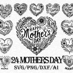24 Moederdag SVG-bundel, bloemen hart moeder ontwerpen svg, moeder clipart, moeder silhouet, Moederdag ontwerpen voor sublimatie en Cricut