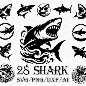 May include: A collection of 28 black shark illustrations in various poses, including open-mouthed sharks and sharks swimming. The text "28 SHARK" is displayed below the images, along with "SVG/PNG/DXF/AI".
