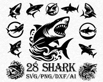 Shark SVG Bundle, 29 Shark Silhouette Designs, Ocean Predator Clipart, Tribal Shark Tattoo SVG, Cricut Cut Files, Vector Shark PNG Pack